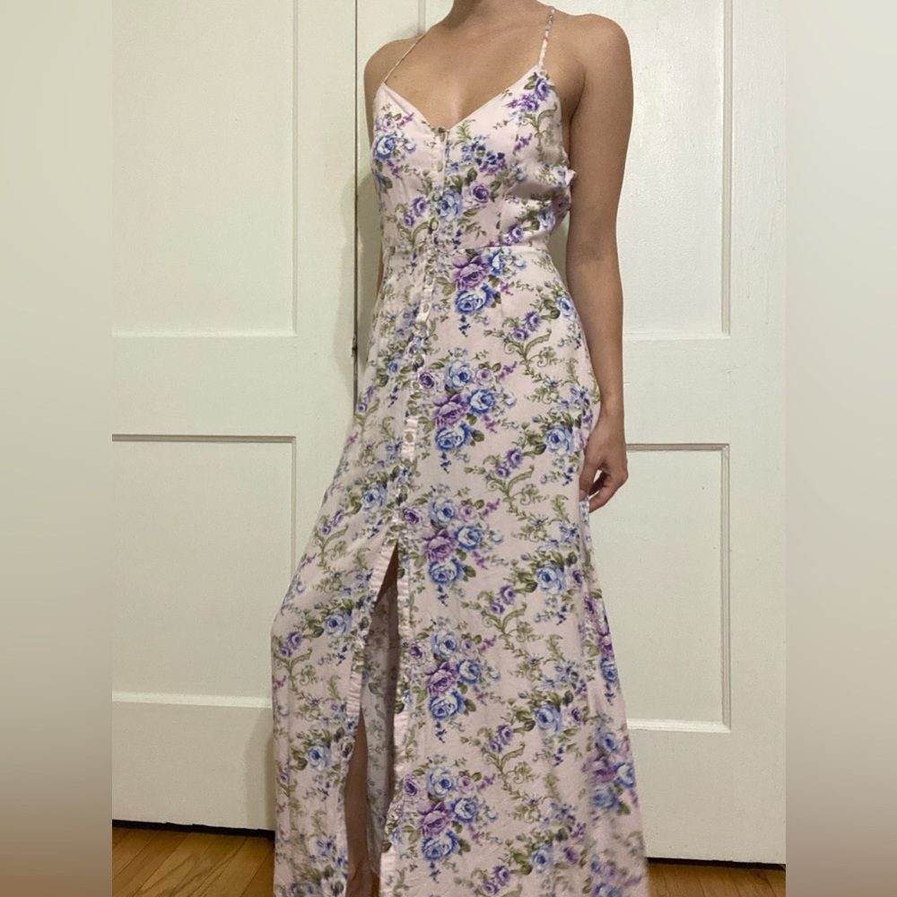 Forever 21 Backless Ruffle Pink Floral Maxi Dress